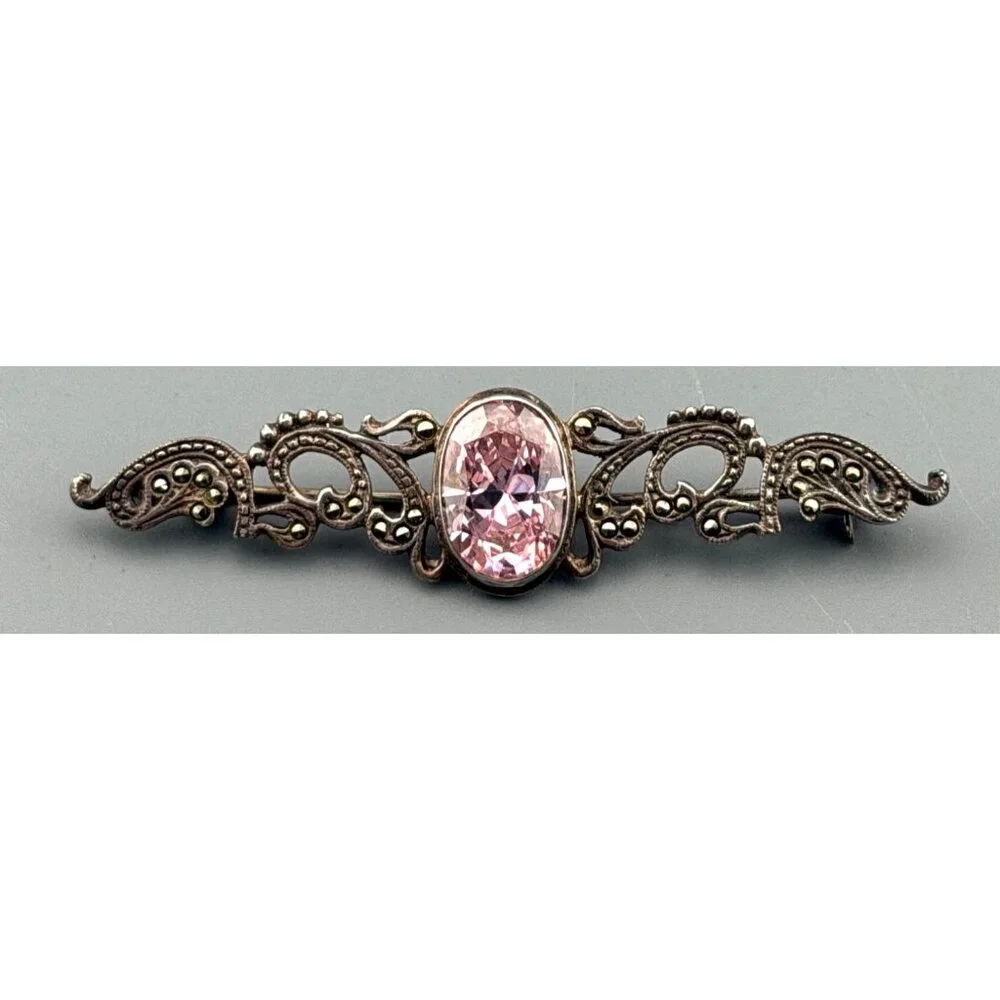 Vintage Bar Brooch Sterling Silver Marcasite Pink Glass Oval Center 2.75